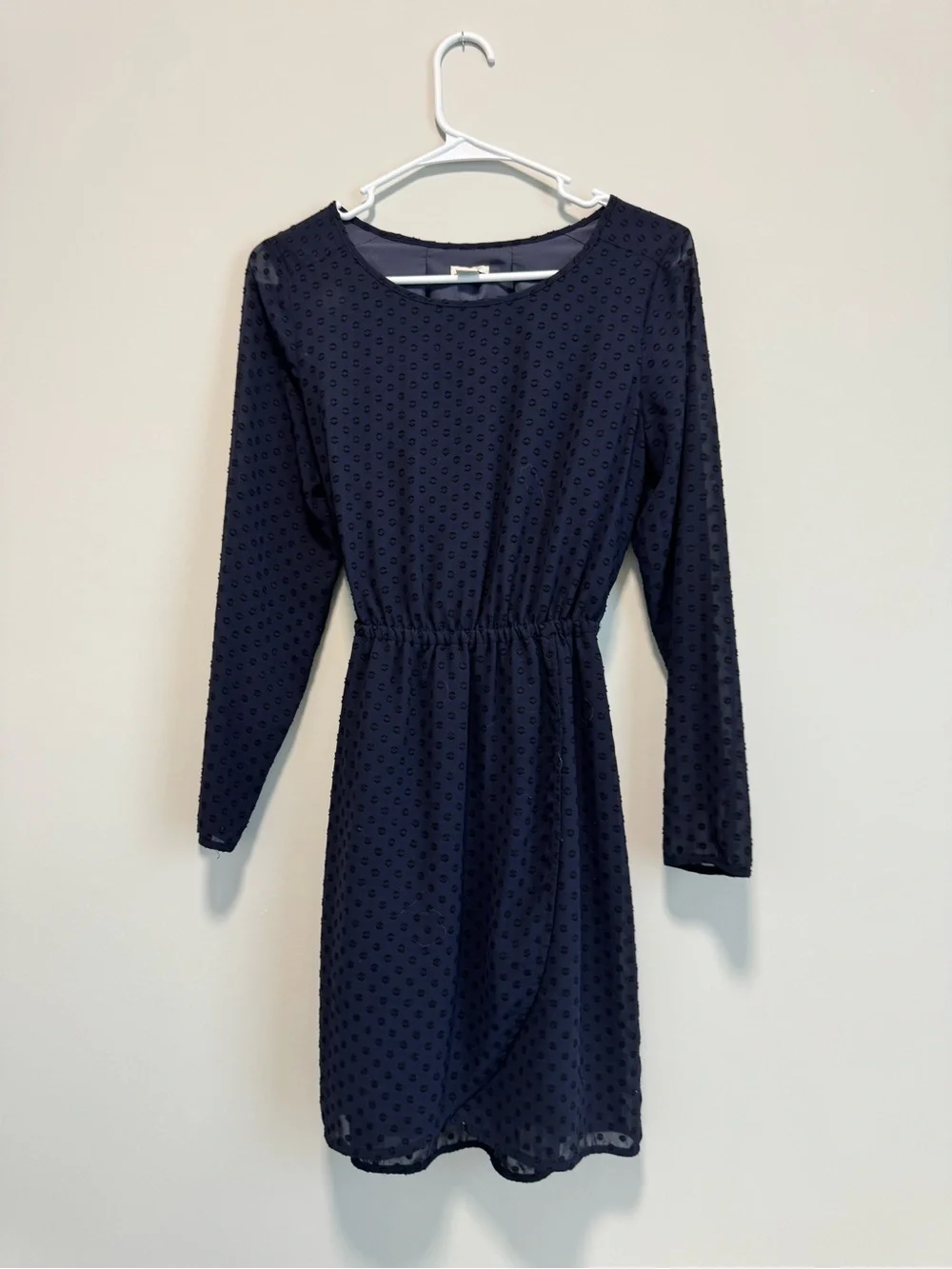 J. Crew Navy Long Sleeve Dot-Textured Elastic Waist Dress
